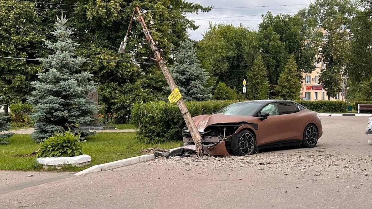 Водитель на электроавтомобиле разгромил сквер и врезался в столб на Бору