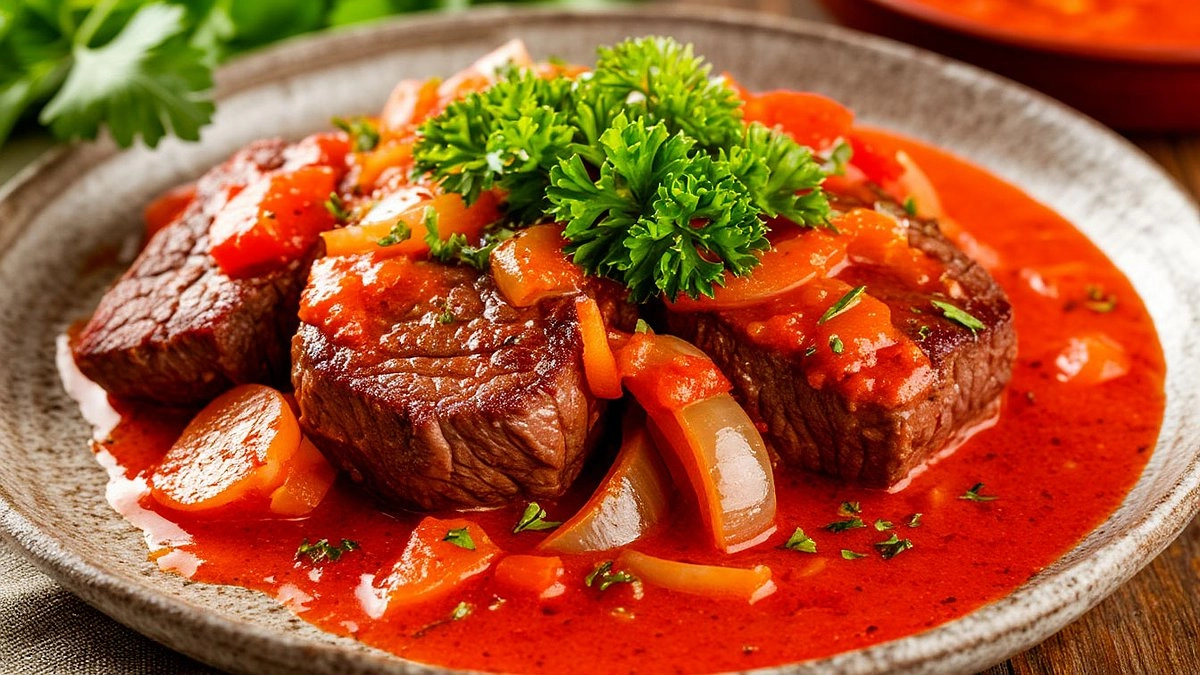 Говядина под луково-папричной подливкой — простое, сытное блюдо на несколько дней