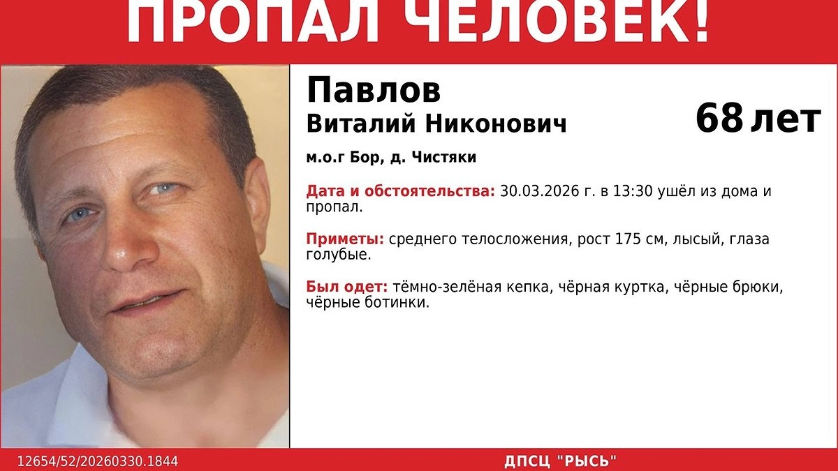 В деревне Чистяки на Бору ищут пропавшего 30 марта 68-летнего Виталия Павлова
