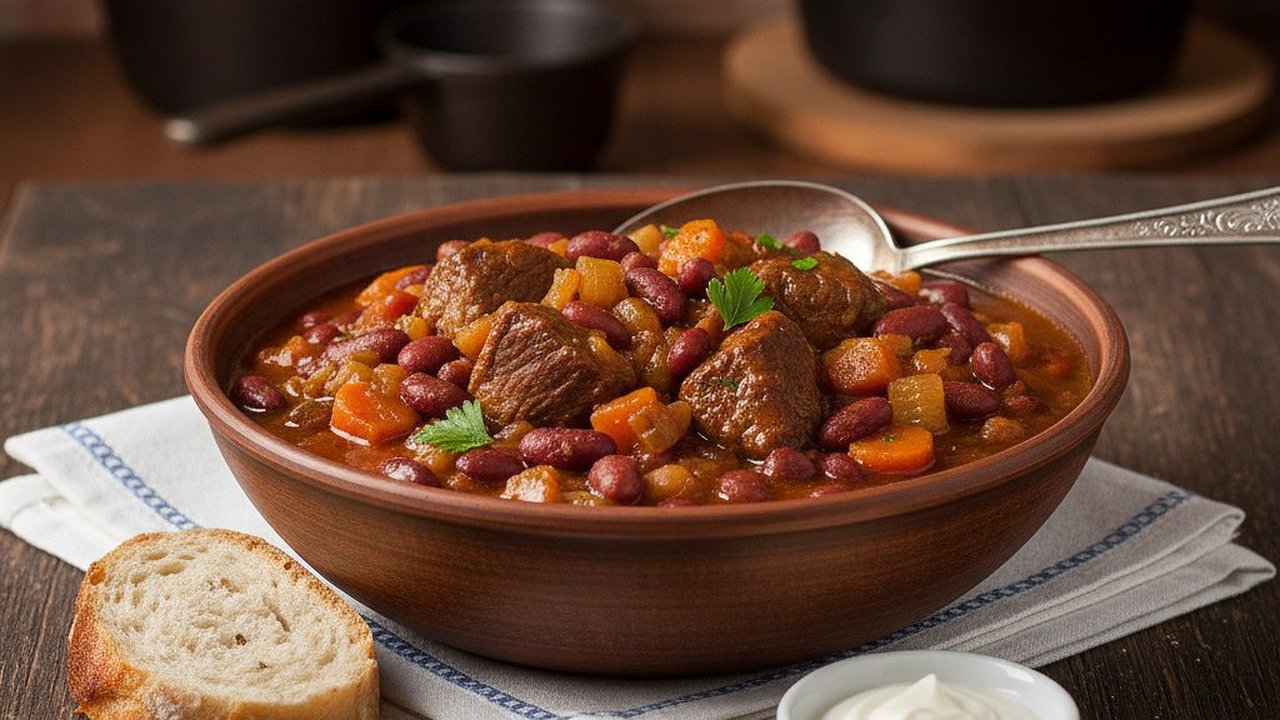 Главная картинка новости: Тушим говядину с консервированной фасолью: всего 1 час — и сытный ужин сметается со стола