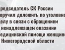 Бастрыкин потребовал доклад по делу о гибели пациентки в Нижегородской области